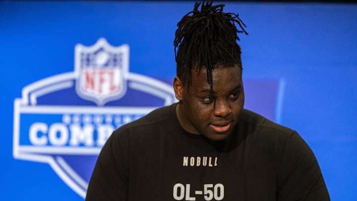 Mar 2, 2024; Indianapolis, IN, USA; Georgia offensive lineman Amarius Mims (OL50) talks to the media