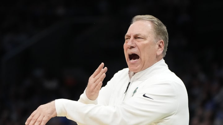 March 23, 2024, Charlotte, NC, USA; Michigan State Spartans head coach Tom Izzo reacts against the North Carolina Tar Heels  in the second round of the 2024 NCAA Tournament at the Spectrum Center. Mandatory Credit: Bob Donnan-USA TODAY Sports