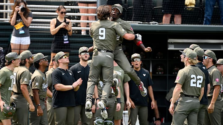 Vanderbilt's Brodie Johnston (9) celebrates with R.J. Austin after hitting a home run off Wright State pitcher Griffen Paige (36) during the second inning of the Nashville Regional NCAA Baseball Tournament elimination game at Hawkins Field Sunday, June 1, 2025, in Nashville, Tenn. Vanderbilt's Brodie Johnston (9) celebrates with R.J. Austin after hitting a home run off Wright State pitcher Griffen Paige (36) during the second inning of the Nashville Regional NCAA Baseball Tournament elimination game at Hawkins Field Sunday, June 1, 2025, in Nashville, Tenn.
