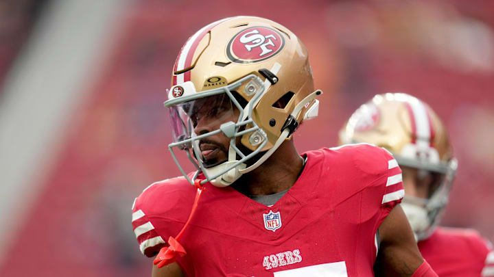 Dec 14, 2025; Santa Clara, California, USA;  San Francisco 49ers wide receiver Jauan Jennings (15) warms up prior to the first half against the Tennessee Titans at Levi's Stadium. Mandatory Credit: Cary Edmondson-Imagn Images