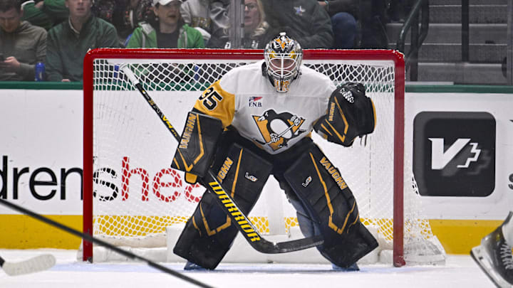 Dec 7, 2025; Dallas, Texas, USA; Pittsburgh Penguins goaltender Tristan Jarry (35) faces the Dallas Stars attack during the game at the American Airlines Center. Mandatory Credit: Jerome Miron-Imagn Images Dec 7, 2025; Dallas, Texas, USA; Pittsburgh Penguins goaltender Tristan Jarry (35) faces the Dallas Stars attack during the game at the American Airlines Center. Mandatory Credit: Jerome Miron-Imagn Images