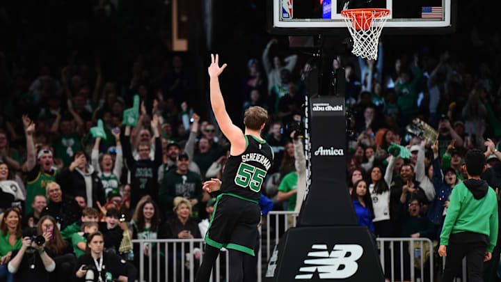 Mar 18, 2025; Boston, Massachusetts, USA; Boston Celtics forward Baylor Scheierman (55) reacts after hitting a three point shot during the second half against the Brooklyn Nets at TD Garden. Mandatory Credit: Bob DeChiara-Imagn Images