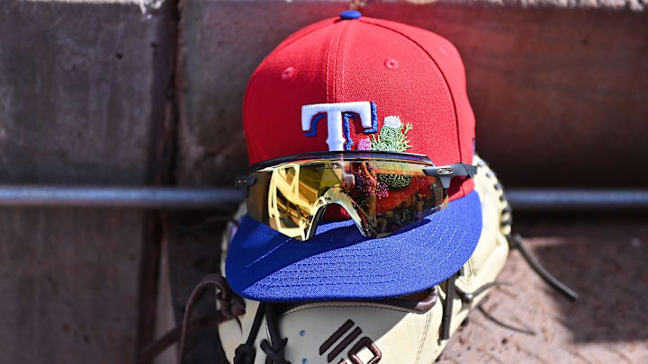 General view of a Texas Rangers hat.