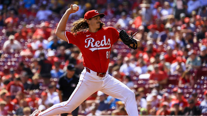 Sep 21, 2024; Cincinnati, Ohio, USA; Cincinnati Reds starting pitcher Rhett Lowder (81) pitches against the Pittsburgh Pirates in the first inning at Great American Ball Park. Mandatory Credit: Katie Stratman-Imagn Images