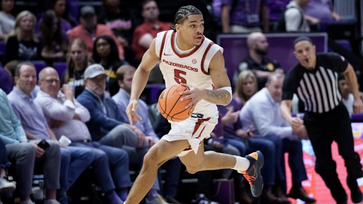 Feb 10, 2026; Baton Rouge, Louisiana, USA; Arkansas Razorbacks guard Darius Acuff Jr. (5) dribbles against the LSU Tigers during the second half at Pete Maravich Assembly Center.
