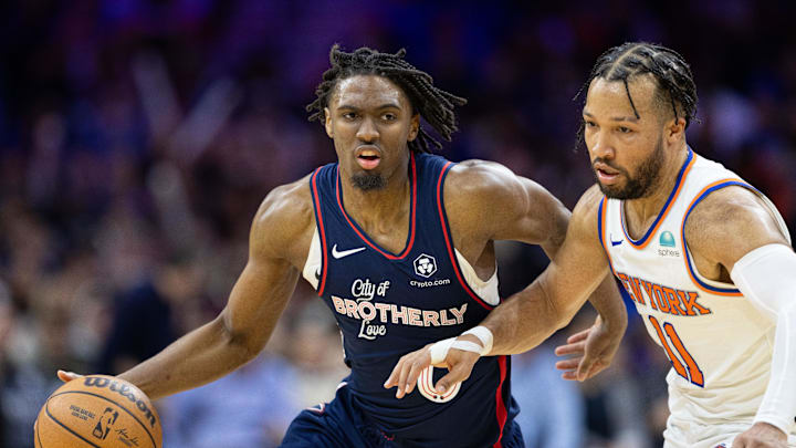 Feb 22, 2024; Philadelphia, Pennsylvania, USA; Philadelphia 76ers guard Tyrese Maxey (0) dribbles
