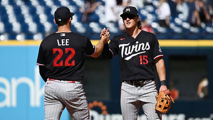 Jul 23, 2026; Cleveland, Ohio, USA; Minnesota Twins shortstop Brooks Lee (22) celebrates with second baseman Luke Keaschall (15) after the Twins beat the Cleveland Guardians at Progressive Field. Mandatory Credit: Ken Blaze-Imagn Images