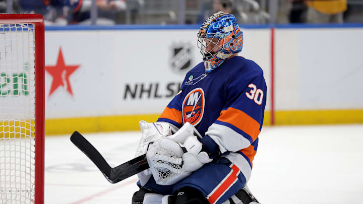 Mar 30, 2026; Elmont, New York, USA; New York Islanders goaltender Ilya Sorokin (30) reacts after a goal by Pittsburgh Penguins right wing Rickard Rakell (not pictured) during the third period at UBS Arena. Mandatory Credit: Brad Penner-Imagn Images