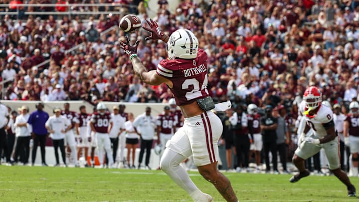 Nov 8, 2025; Starkville, Mississippi, USA; Mississippi State Bulldogs running back Fluff Bothwell (24) catches the ball against the Georgia Bulldogs during the first half at Davis Wade Stadium at Scott Field. Mandatory Credit: Wesley Hale-Imagn Images Nov 8, 2025; Starkville, Mississippi, USA; Mississippi State Bulldogs running back Fluff Bothwell (24) catches the ball against the Georgia Bulldogs during the first half at Davis Wade Stadium at Scott Field. Mandatory Credit: Wesley Hale-Imagn Images
