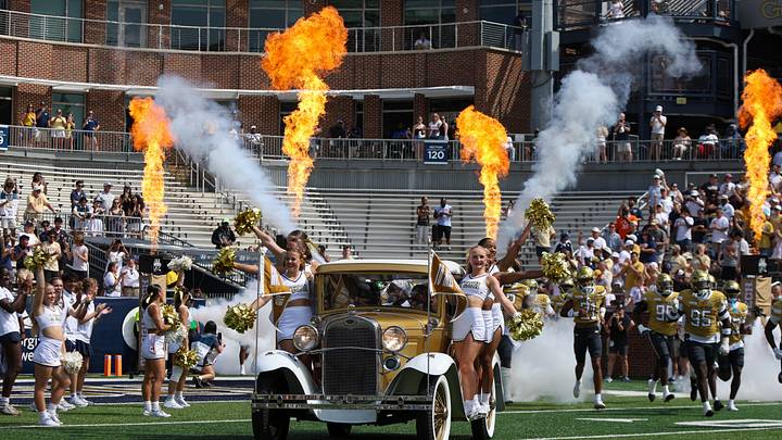 Sep 19, 2026; Atlanta, Georgia, USA; Georgia Tech Yellow Jackets cheerleaders ride the Ramblin' Wreck before a game against the Mercer Bears at Bobby Dodd Stadium at Hyundai Field. Mandatory Credit: Brett Davis-Imagn Images