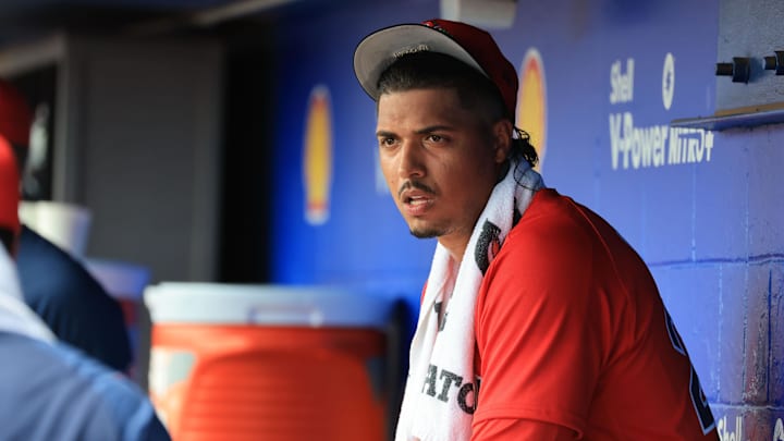 Mar 2, 2026; Dunedin, Florida, USA;  Boston Red Sox starting pitcher Johan Oviedo (29) looks on in the dugout during the first inning against the Toronto Blue Jays at TD Ballpark. Mandatory Credit: Kim Klement Neitzel-Imagn Images

