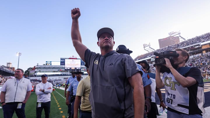Oct 11, 2025; Atlanta, Georgia, USA; Georgia Tech Yellow Jackets head coach Brent Key celebrates after a victory over the Virginia Tech Hokies at Bobby Dodd Stadium at Hyundai Field. Mandatory Credit: Brett Davis-Imagn Images
