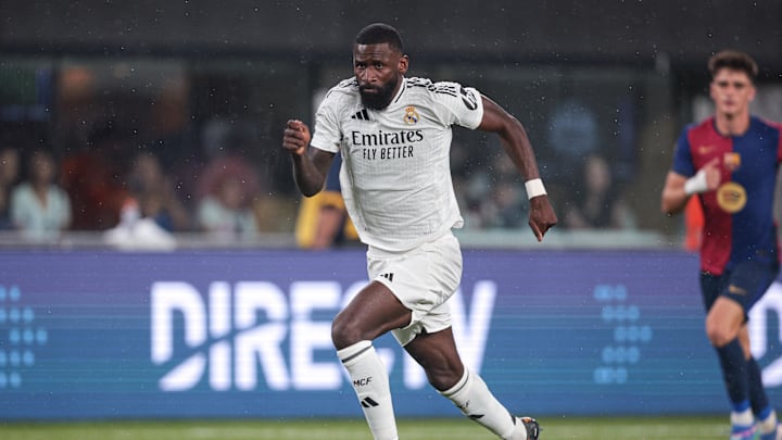 Aug 3, 2024; East Rutherford, NJ, USA; Real Madrid defender Antonio Rudiger (22) runs up field during the first half of an international friendly against Barcelona at MetLife Stadium. Mandatory Credit: Vincent Carchietta-Imagn Images