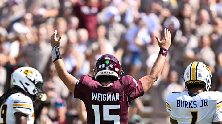 Texas A&M Aggies quarterback Conner Weigman (15) reacts in the second quarter against the Missouri Tigers at Kyle Field. 
