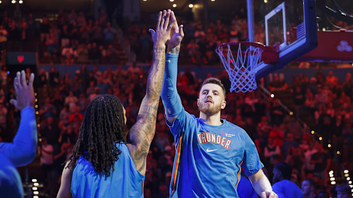 Oct 30, 2025; Oklahoma City, Oklahoma, USA; Oklahoma City Thunder center Isaiah Hartenstein (55) during introductions before a game against the Washington Wizards at Paycom Center. Mandatory Credit: Alonzo Adams-Imagn Images