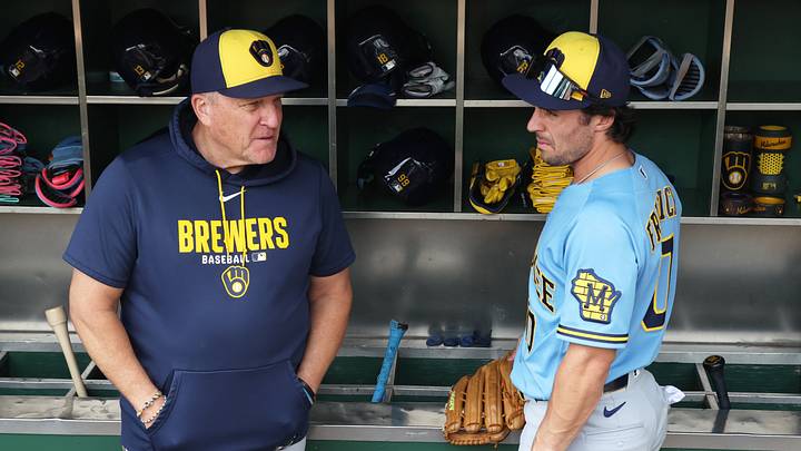 Jul 12, 2026; Pittsburgh, Pennsylvania, USA; Milwaukee Brewers manager Pat Murphy (left) and right fielder Sal Frelick (10) talk in the dugout before the game against the Pittsburgh Pirates at PNC Park. Mandatory Credit: Charles LeClaire-Imagn Images Jul 12, 2026; Pittsburgh, Pennsylvania, USA; Milwaukee Brewers manager Pat Murphy (left) and right fielder Sal Frelick (10) talk in the dugout before the game against the Pittsburgh Pirates at PNC Park. Mandatory Credit: Charles LeClaire-Imagn Images