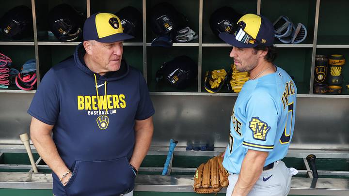 Jul 12, 2026; Pittsburgh, Pennsylvania, USA; Milwaukee Brewers manager Pat Murphy (left) and right fielder Sal Frelick (10) talk in the dugout before the game against the Pittsburgh Pirates at PNC Park. Mandatory Credit: Charles LeClaire-Imagn Images Jul 12, 2026; Pittsburgh, Pennsylvania, USA; Milwaukee Brewers manager Pat Murphy (left) and right fielder Sal Frelick (10) talk in the dugout before the game against the Pittsburgh Pirates at PNC Park. Mandatory Credit: Charles LeClaire-Imagn Images