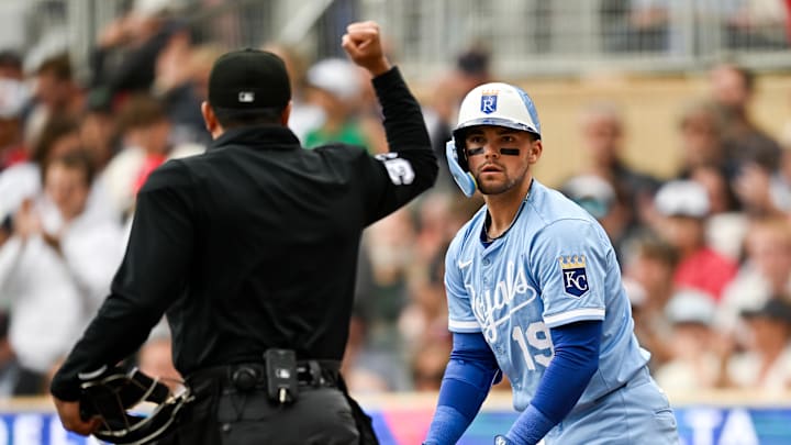 Kansas City Royals second basemen Michael Massey stares at the umpire in disbelief after a called strike vs the Minnesota Twins.