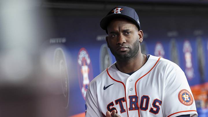 Jun 16, 2026; Houston, Texas, USA; Houston Astros left fielder Yordan Alvarez (44) walks in the dugout before the game against the Detroit Tigers at Daikin Park. Mandatory Credit: Troy Taormina-Imagn Images