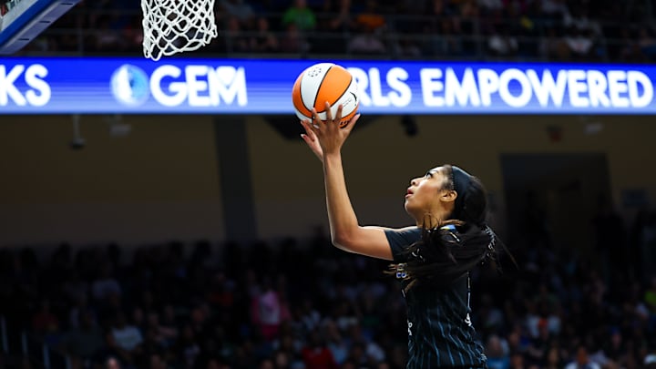 May 15, 2024; Arlington, Texas, USA;  Chicago Sky forward Angel Reese (5) shoots during the second half against the Dallas Wings at College Park Center. Mandatory Credit: Kevin Jairaj-Imagn Images