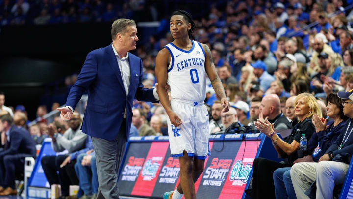 Mar 6, 2024; Lexington, Kentucky, USA; Kentucky Wildcats head coach John Calipari talks with guard Rob Dillingham (0) during the second half against the Vanderbilt Commodores at Rupp Arena at Central Bank Center. Mandatory Credit: Jordan Prather-USA TODAY Sports
