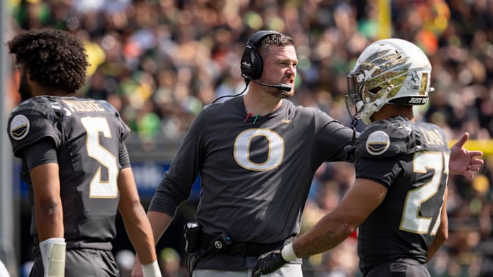 Oregon Ducks head coach Dan Lanning calls to his team during a timeout as the Oregon Ducks host the Oregon State Beavers Sept. 20, 2025, at Autzen Stadium in Eugene, Oregon.