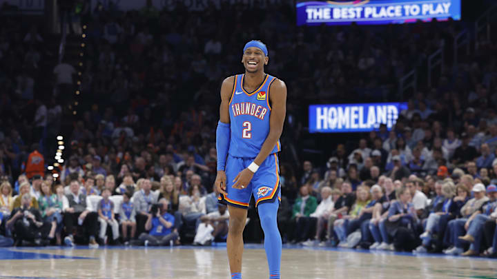 Mar 21, 2025; Oklahoma City, Oklahoma, USA; Oklahoma City Thunder guard Shai Gilgeous-Alexander (2) reacts after a play against the Charlotte Hornets during the second quarter at Paycom Center. Mandatory Credit: Alonzo Adams-Imagn Images