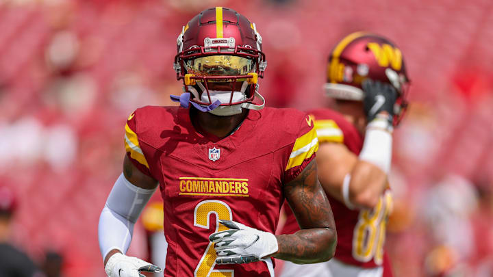 Sep 8, 2024; Tampa, Florida, USA; Washington Commanders wide receiver Dyami Brown (2) warms up before a game against the Tampa Bay Buccaneers at Raymond James Stadium. Mandatory Credit: Nathan Ray Seebeck-Imagn Images