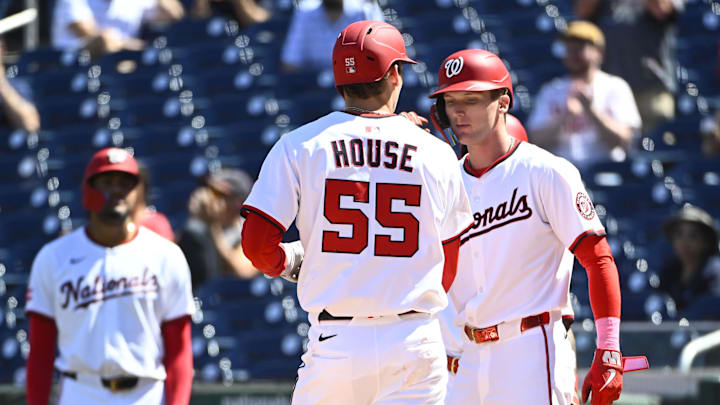 Sep 3, 2025; Washington, District of Columbia, USA; Washington Nationals third baseman Brady House (55) is congratulated by center fielder Robert Hassell III (57) after hitting a two run home run against the Miami Marlins during the fourth inning at Nationals Park. Sep 3, 2025; Washington, District of Columbia, USA; Washington Nationals third baseman Brady House (55) is congratulated by center fielder Robert Hassell III (57) after hitting a two run home run against the Miami Marlins during the fourth inning at Nationals Park.
