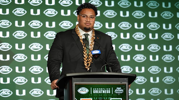 Jul 22, 2025; Charlotte, NC, USA; Miami offensive lineman Francis Mauigoa, Jr answers questions from the media during ACC Media Days at Hilton Charlotte Uptown. Mandatory Credit: Jim Dedmon-Imagn Images