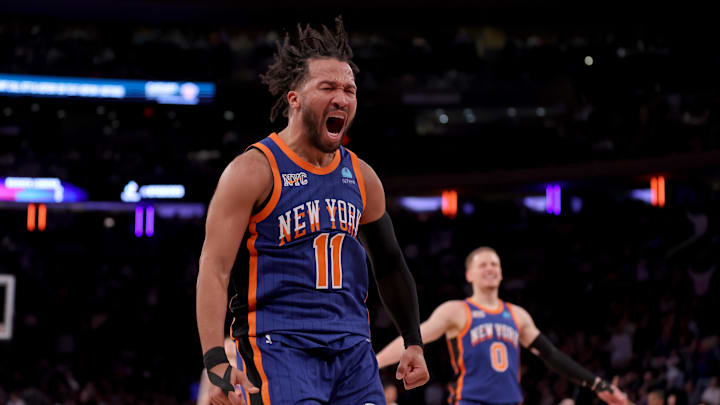 Jan 20, 2024; New York, New York, USA; New York Knicks guard Jalen Brunson (11) celebrates his three