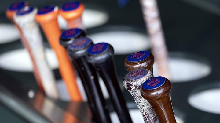 Apr 4, 2026; San Francisco, California, USA; Bats in the New York Mets dugout before the team takes on the San Francisco Giants at Oracle Park. Mandatory Credit: D. Ross Cameron-Imagn Images Apr 4, 2026; San Francisco, California, USA; Bats in the New York Mets dugout before the team takes on the San Francisco Giants at Oracle Park. Mandatory Credit: D. Ross Cameron-Imagn Images