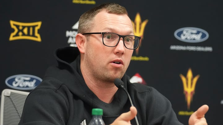 Arizona State head football coach Kenny Dillingham speaks to the media during a news conference at Mountain America Stadium in Tempe on Oct. 20, 2025.