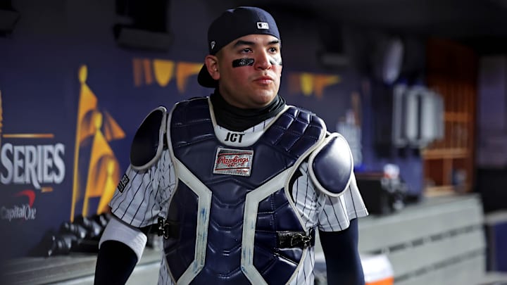Oct 28, 2024; New York, New York, USA; New York Yankees catcher Jose Trevino (39) walks to the bull pin to warm up before playing against the Los Angeles Dodgers in game three of the 2024 MLB World Series at Yankee Stadium. Mandatory Credit: Brad Penner-Imagn Images
