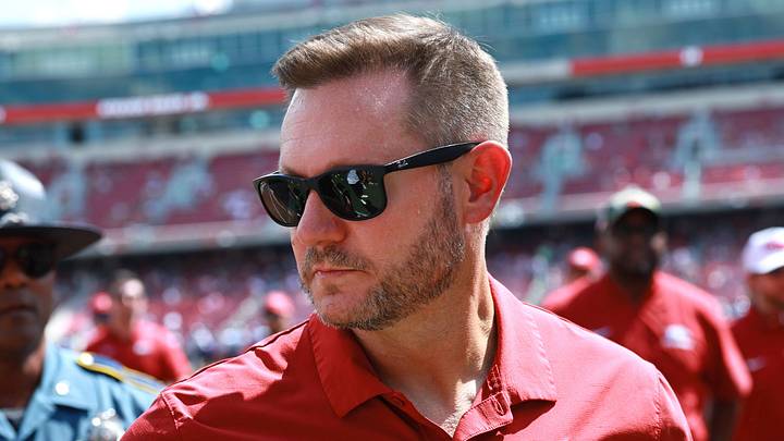 Sep 5, 2026; Fayetteville, Arkansas, USA; Arkansas Razorbacks head coach Ryan Silverfield during warmups prior to the game against the North Alabama Lions at Donald W. Reynolds Razorback Stadium. Mandatory Credit: Nelson Chenault-Imagn Images Sep 5, 2026; Fayetteville, Arkansas, USA; Arkansas Razorbacks head coach Ryan Silverfield during warmups prior to the game against the North Alabama Lions at Donald W. Reynolds Razorback Stadium. Mandatory Credit: Nelson Chenault-Imagn Images