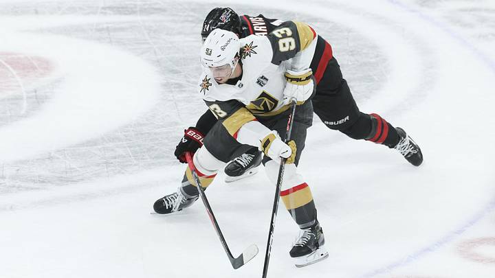Jun 4, 2026; Raleigh, North Carolina, USA; Vegas Golden Knights right wing Mitch Marner (93) controls the puck against Carolina Hurricanes during the third period in game two of the 2026 Stanley Cup Final at Lenovo Center. Mandatory Credit: Nathan Ray Seebeck-Imagn Images