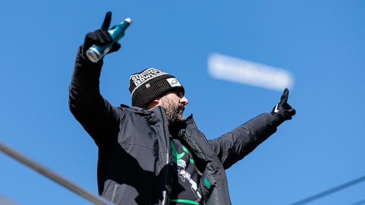 Feb 14, 2025; Philadelphia, PA, USA; Philadelphia Eagles head coach Nick Sirianni celebrates during the Super Bowl LIX championship parade and rally. Mandatory Credit: Caean Couto-Imagn Images