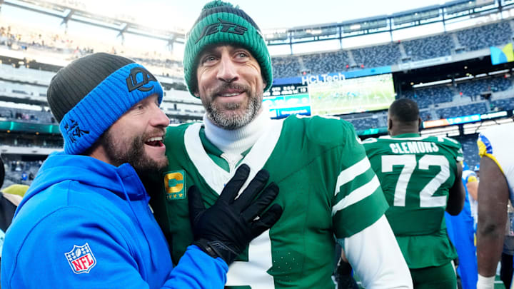 Los Angles Rams Head Coach Sean. McVay is shown with New York Jets quarterback Aaron Rodgers (8) after the game, Sunday, December 22, 2024, in East Rutherford.