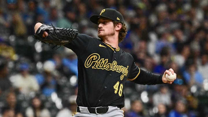 Apr 24, 2026; Milwaukee, Wisconsin, USA;  Pittsburgh Pirates pitcher Mason Montgomery (46) throws a pitch in the eighth inning against the Milwaukee Brewers at American Family Field. Mandatory Credit: Benny Sieu-Imagn Images