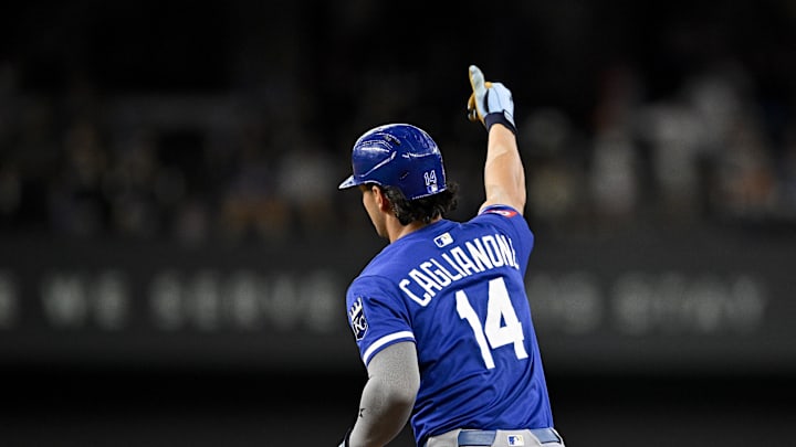 Jun 19, 2025; Arlington, Texas, USA; Kansas City Royals right fielder Jac Caglianone (14) rounds the bases after hitting a home run against the Texas Rangers during the ninth inning at Globe Life Field. Mandatory Credit: Jerome Miron-Imagn Images