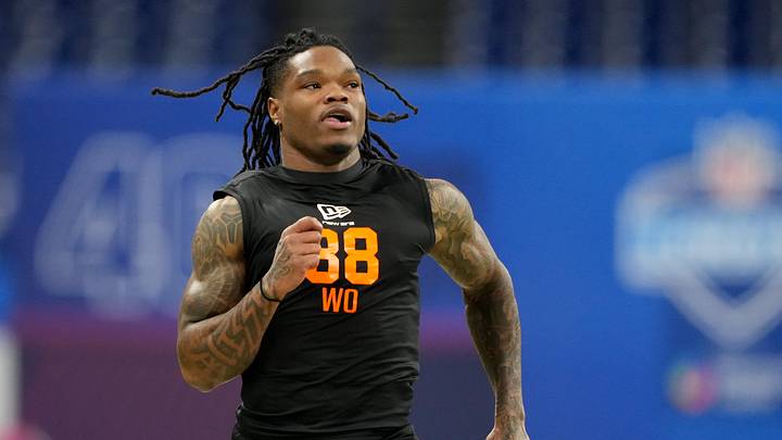 Feb 28, 2026; Indianapolis, IN, USA; LSU wideout Zavion Thomas (WO38) during the NFL Scouting Combine at Lucas Oil Stadium. Mandatory Credit: Kirby Lee-Imagn Images