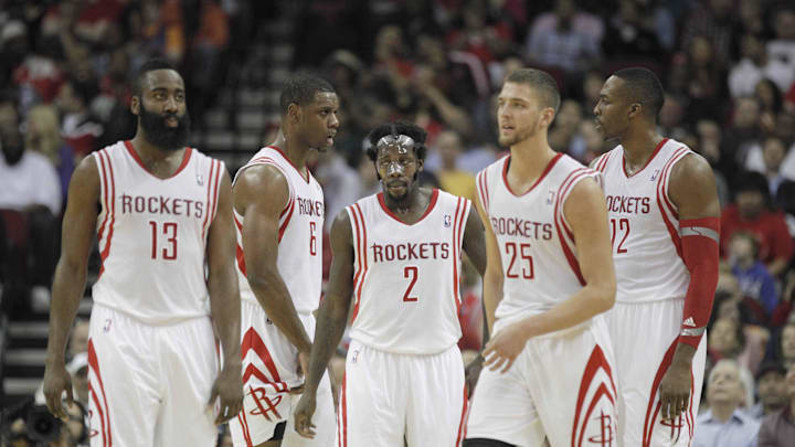  Houston Rockets guard James Harden (13), forward Terrence Jones (6), guard Patrick Beverley (2), forward Chandler Parsons (25), center Dwight Howard (12) at Toyota Center. 