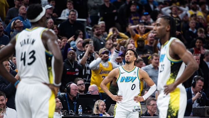 Mar 26, 2025; Indianapolis, Indiana, USA; Indiana Pacers guard Tyrese Haliburton (0) reacts to the loss to the Los Angeles Lakers at Gainbridge Fieldhouse. Mandatory Credit: Trevor Ruszkowski-Imagn Images Mar 26, 2025; Indianapolis, Indiana, USA; Indiana Pacers guard Tyrese Haliburton (0) reacts to the loss to the Los Angeles Lakers at Gainbridge Fieldhouse. Mandatory Credit: Trevor Ruszkowski-Imagn Images