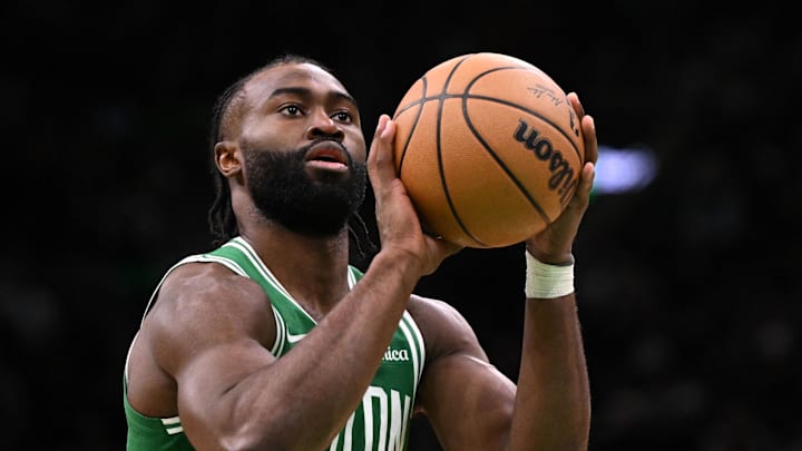 Dec 4, 2024; Boston, Massachusetts, USA; Boston Celtics guard Jaylen Brown (7) attempts a free throw against the Detroit Pistons during the fourth quarter at the TD Garden. Mandatory Credit: Brian Fluharty-Imagn Images