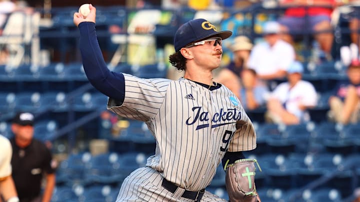 May 31, 2025; Oxford, MS, USA; Georgia Tech Yellowjackets pitcher Brady Jones (99) pitches during the first inning against the Murray State Racers. Mandatory Credit: Petre Thomas-Imagn Images