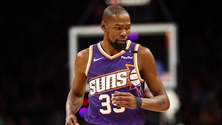 Jan 29, 2025; Phoenix, Arizona, USA; Phoenix Suns forward Kevin Durant (35) reacts against the Minnesota Timberwolves in the first half at Footprint Center. Mandatory Credit: Mark J. Rebilas-Imagn Images