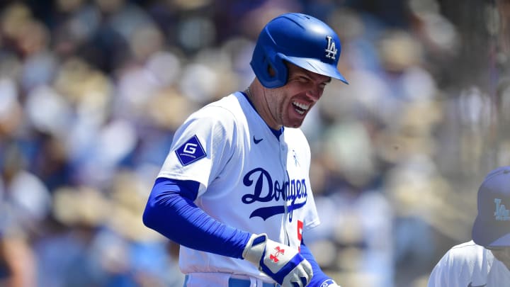 Jun 16, 2024; Los Angeles, California, USA; Los Angeles Dodgers first base Freddie Freeman (5) reacts after hitting a solol home run against the Kansas City Royals during the sixth inning at Dodger Stadium. Jun 16, 2024; Los Angeles, California, USA; Los Angeles Dodgers first base Freddie Freeman (5) reacts after hitting a solol home run against the Kansas City Royals during the sixth inning at Dodger Stadium.