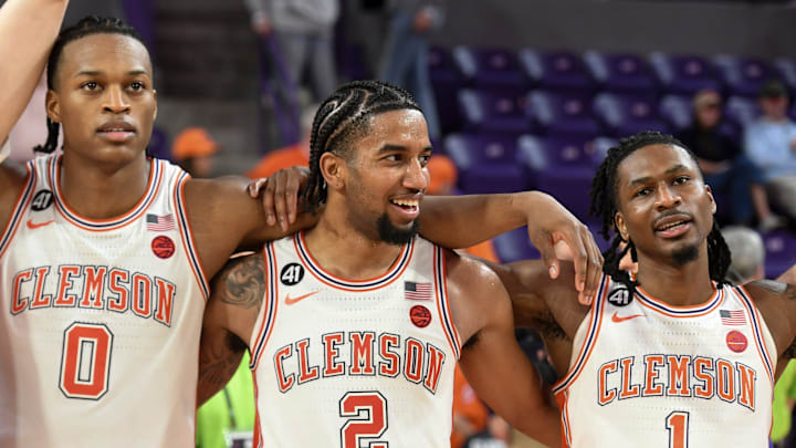 Clemson Tigers forward RJ Godfrey (0), Clemson Tigers guard Dillon Hunter (2) and Clemson Tigers guard Jestin Porter (1) stand together Saturday, Feb. 28, 2026, after the NCAA men’s basketball game against the Louisville Cardinals at Littlejohn Coliseum in Clemson, South Carolina. Clemson Tigers won 80-75.