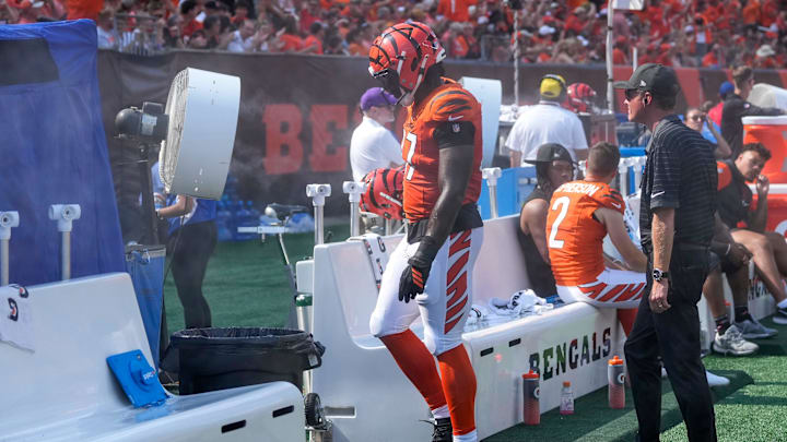 Cincinnati Bengals defensive end Shemar Stewart (97) walks for the injury tent in the fourth quarter of the NFL Week 2 game between the Cincinnati Bengals and the Jacksonville Jaguars at Paycor Stadium in downtown Cincinnati on Sunday, Sept. 14, 2025. The Bengals came back from a halftime deficit to win 31-27.