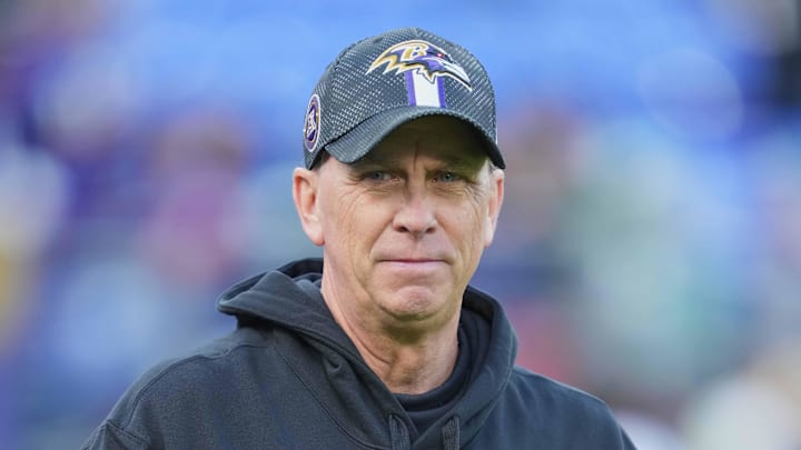Dec 1, 2024; Baltimore, Maryland, USA; Baltimore Ravens offensive coordinator Todd Monken prior the game against the Philadelphia Eagles at M&T Bank Stadium. Mandatory Credit: Mitch Stringer-Imagn Images